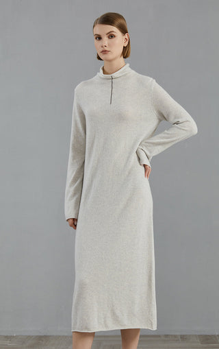 Light gray cashmere midi dress, side view with hand at hip, drawstring neckline