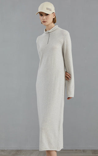 Light gray cashmere midi dress with high neck and long sleeves, side profile