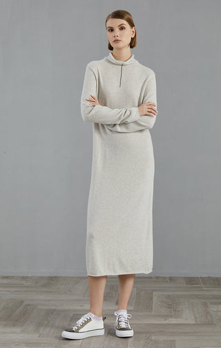 Light gray cashmere midi dress, front view with arms crossed, midi length