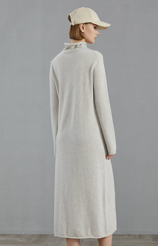 Light gray cashmere midi dress, back view, high neckline and long sleeves