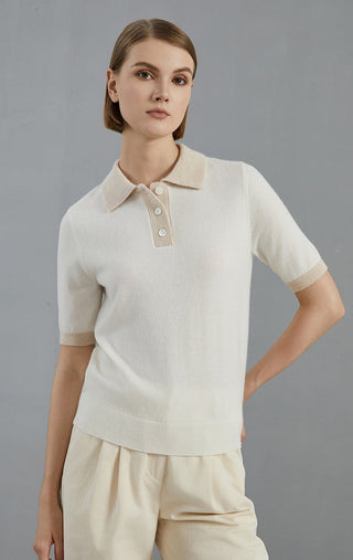 White cashmere short-sleeve polo sweater with button placket and ribbed collar cuffs