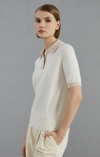 White cashmere short-sleeve polo sweater with ribbed collar and cuffs, knit texture