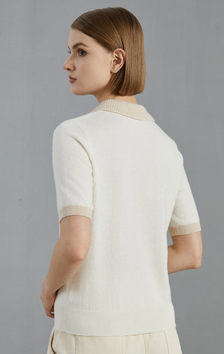White cashmere short-sleeve polo sweater back view with ribbed hem and sleeve cuffs