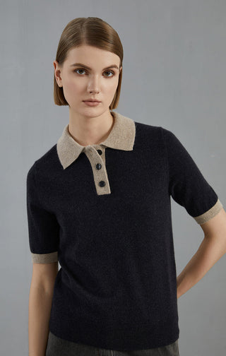 Graphite gray cashmere short-sleeve polo sweater with button placket and ribbed collar