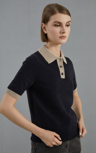 Graphite gray cashmere polo sweater, short sleeves, contrast ribbed collar and placket
