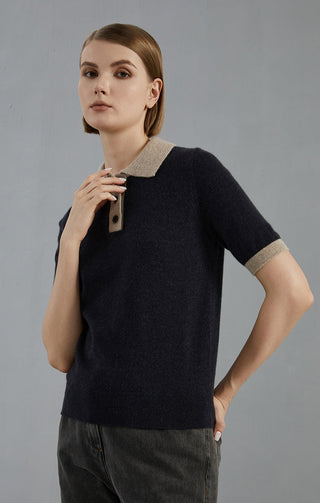 Graphite gray cashmere short-sleeve polo sweater, buttoned placket and ribbed cuffs