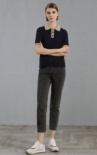 Graphite gray cashmere polo sweater with short sleeves and ribbed collar, full front view