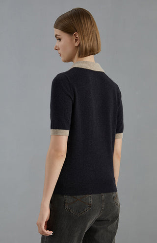Graphite gray cashmere short-sleeve polo sweater back view with ribbed collar and cuffs
