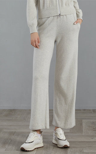 Cashmere wide-leg knit pants, light gray, relaxed straight legs