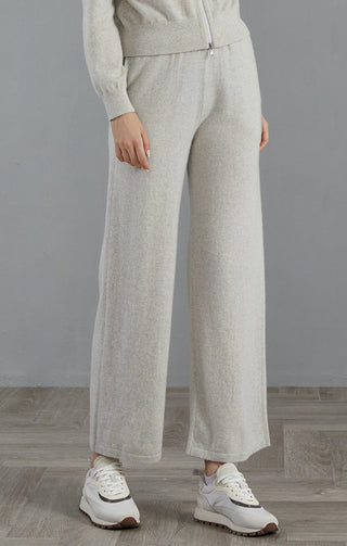 Cashmere wide-leg knit pants, light gray, wide straight leg silhouette