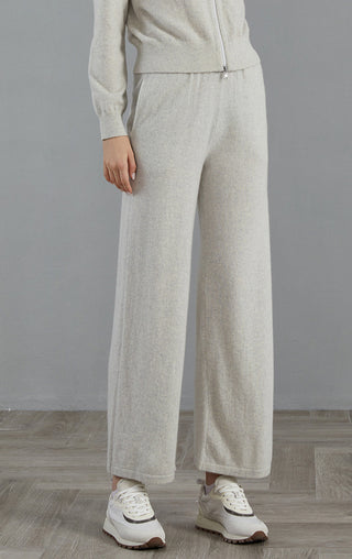 Cashmere wide-leg knit pants, light gray, ankle-length wide-leg drape