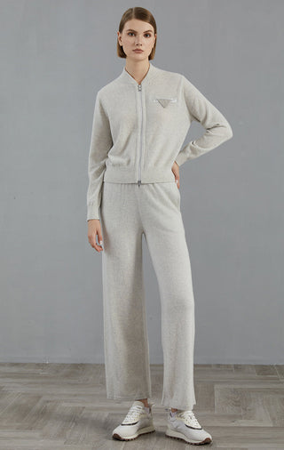Cashmere wide-leg knit pants, light gray, elastic waist and wide leg