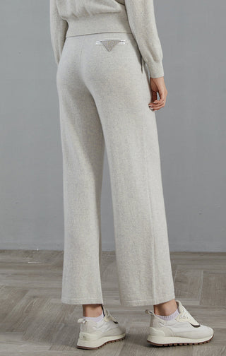 Cashmere wide-leg knit pants, light gray, back yoke with patch pocket