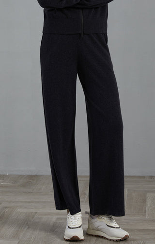 Cashmere wide-leg knit pants, graphite gray, front crease and wide legs