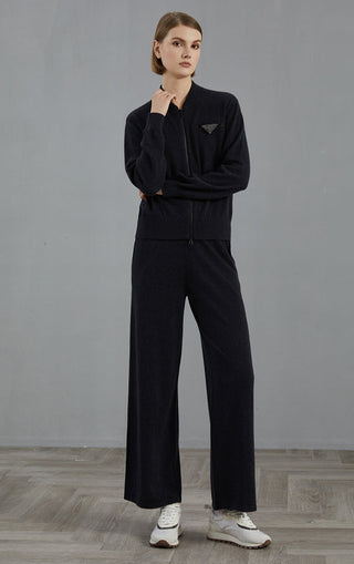 Cashmere wide-leg knit pants, graphite gray, wide leg with patch pocket