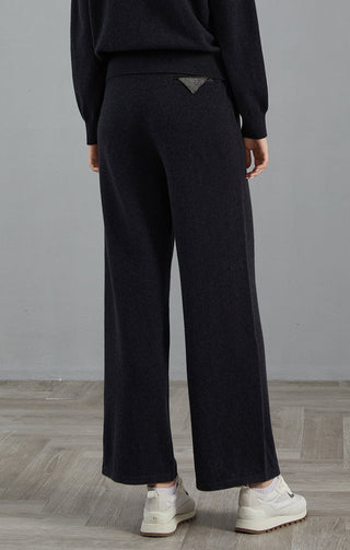 Cashmere wide-leg knit pants, graphite gray, back patch pocket and wide hem