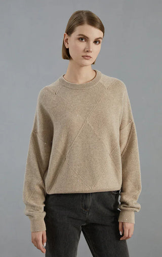 Camel cashmere diamond-pattern knit sweater, crew neckline, ribbed cuffs and hem