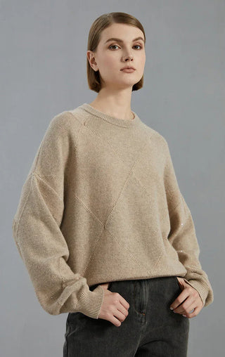 Camel cashmere diamond-pattern knit sweater, relaxed fit with ribbed crew neck