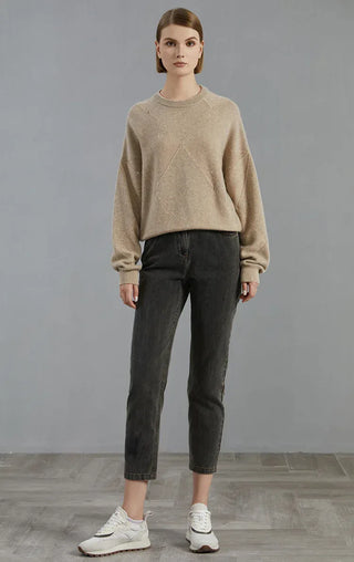 Camel cashmere diamond-pattern knit sweater, full-length styling with ribbed hem