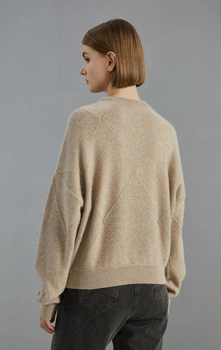 Camel cashmere diamond-pattern knit sweater, back view with ribbed neckline and cuffs
