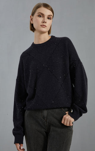 Cashmere diamond-pattern knit sweater in dark graphite gray, crew neck, long sleeves