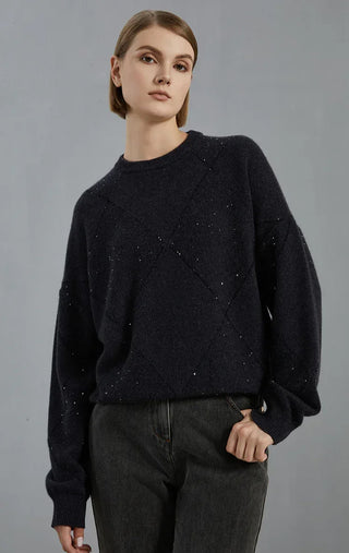 Dark graphite cashmere diamond-pattern knit sweater with speckled sparkle effect