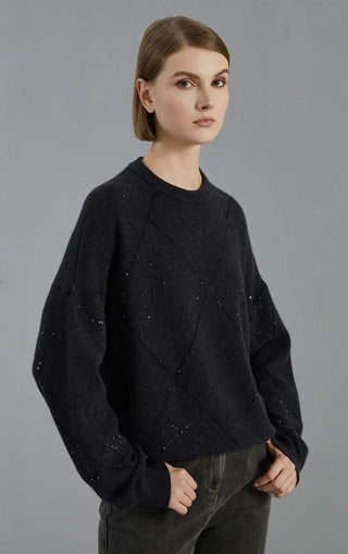 Dark graphite cashmere diamond-pattern knit sweater, side view with ribbed cuffs