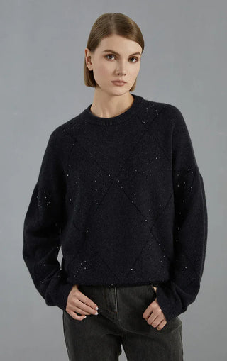Dark graphite cashmere diamond-pattern knit sweater, front view with speckled details