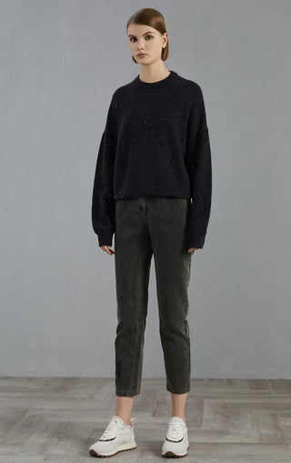 Dark graphite cashmere diamond-pattern knit sweater, full-length view with ribbed hem