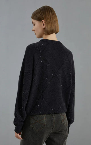 Dark graphite cashmere diamond-pattern knit sweater, back view with speckled design