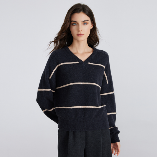 Women's Pure Cashmere Striped V-Neck Pullover Knit Sweater