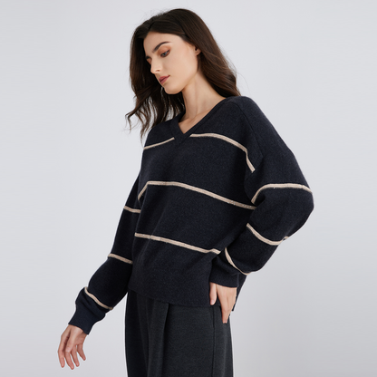 Women's Pure Cashmere Striped V-Neck Pullover Knit Sweater BC821