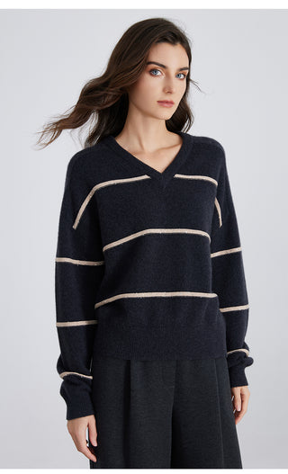 Graphite gray cashmere V-neck striped sweater with cream stripe bands and ribbed cuffs