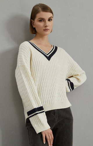 White sequined cable-knit wool V-neck sweater with ribbed hem and striped cuffs