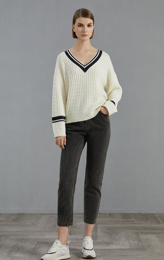 White sequined cable-knit wool V-neck sweater with black stripe details at sleeves
