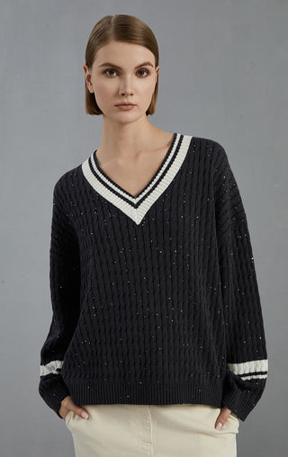 Dark gray sequined cable-knit wool V-neck sweater with black and white striped collar