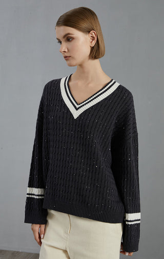 Dark gray sequined cable-knit wool V-neck sweater with striped sleeve cuffs