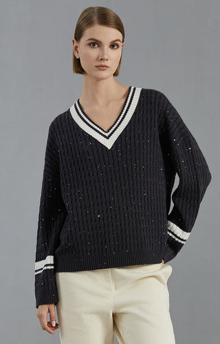 Dark gray sequined cable-knit wool V-neck sweater with black ribbed hem and collar