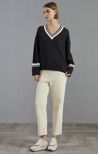 Dark gray sequined cable-knit wool V-neck sweater with striped neckline and cuffs