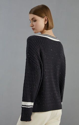 Dark gray sequined cable-knit wool sweater back view with striped cuff band