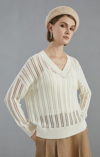 White wool V-neck openwork knit sweater with vertical stripe detailing, long sleeves