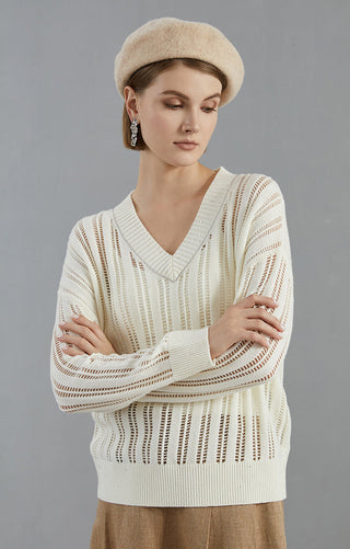 White V-neck openwork knit sweater with vertical stripes, relaxed fit, long sleeves