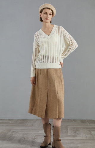 White wool V-neck openwork knit sweater with vertical stripe detailing, long sleeves