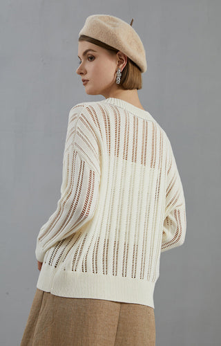 White wool V-neck openwork knit sweater back view with vertical stripe pattern, long sleeves