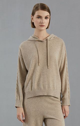 Camel cashmere hooded sweater with drawstring, ribbed hem and cuffs; cable-knit sleeves