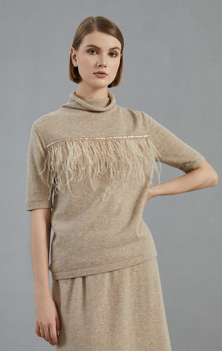 Camel cashmere short-sleeve sweater with high neck and fringe-trim front panel