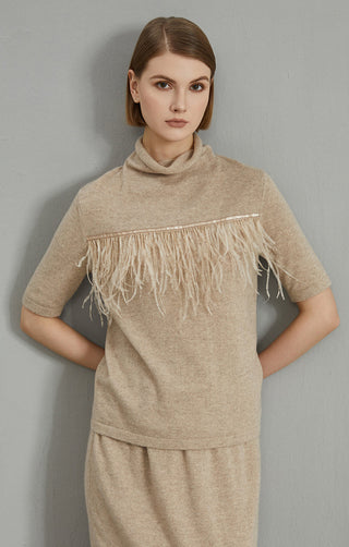 Camel cashmere high-neck short-sleeve sweater with long fringe trim at yoke