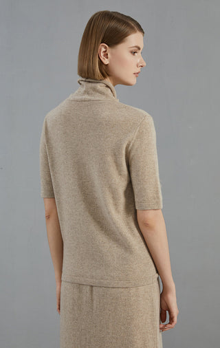 Camel cashmere high-neck short-sleeve sweater, back view; smooth knit with panel seam