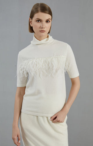 White cashmere short-sleeve high-neck sweater with fringe-trim front yoke