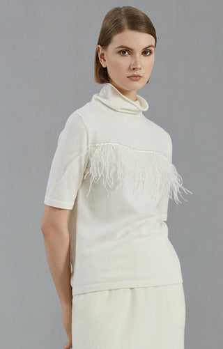 White cashmere high-neck short-sleeve sweater with fringe-trim yoke and clean cuffs